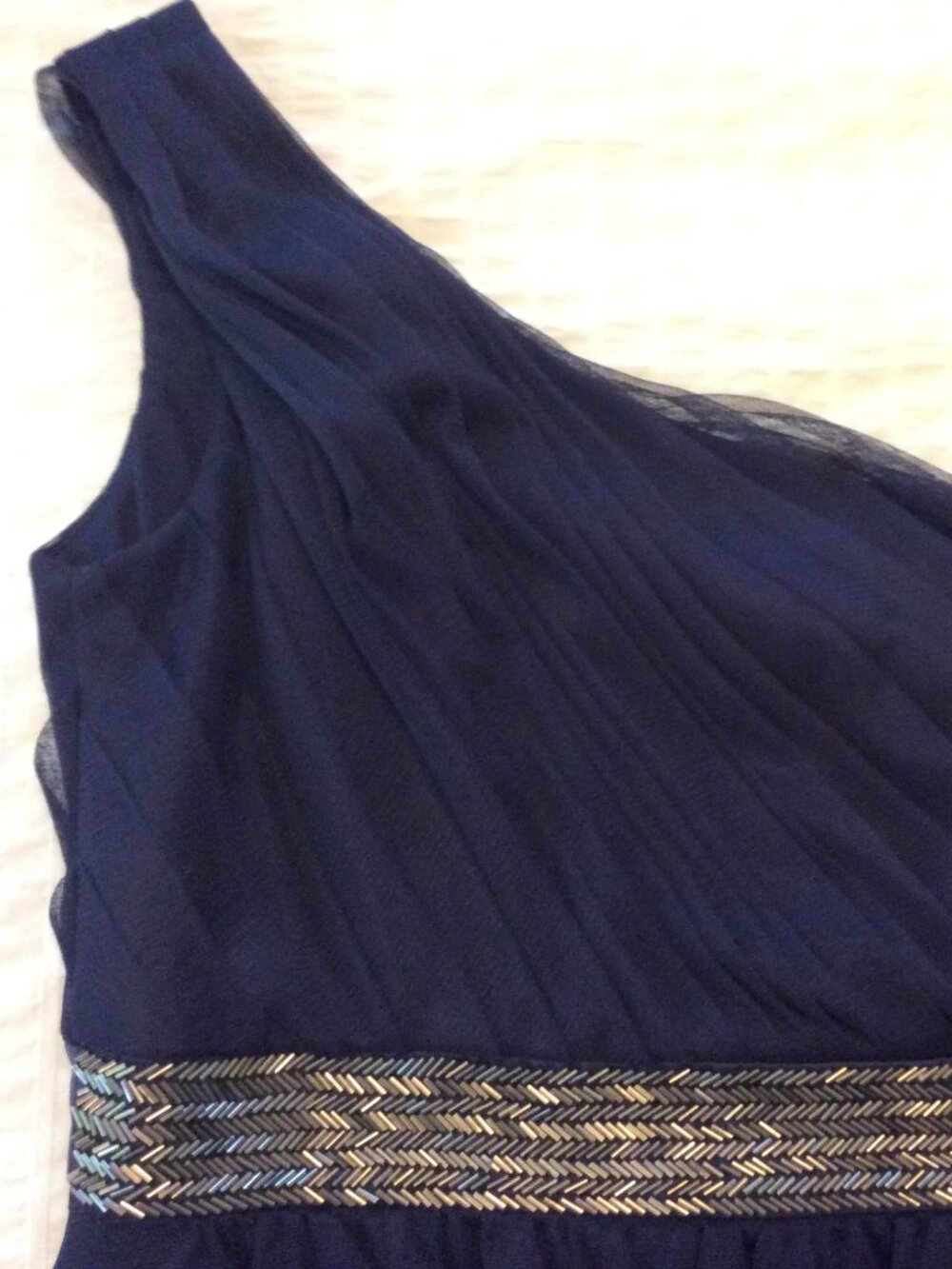 Max and Cleo one-shoulder cocktail dress, indigo blue w/ silver beading, size 2